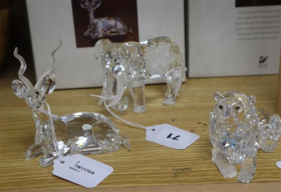 Three Swarovski Crystal Annual Edition Inspiration Africa models, Elephant, Kudu and Lion, 1993-1995,